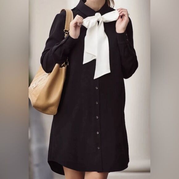 Kate Spade Long Sleeved Black Crepe Shirt Dress with Cream Neck Tie Size 6 - Picture 1 of 11